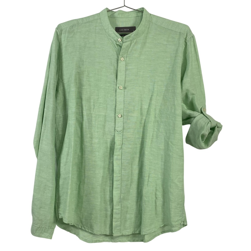 Easy Wear Shirt Womens 4 Green Linen Blend Band Collar Long Sleeve Lightweight